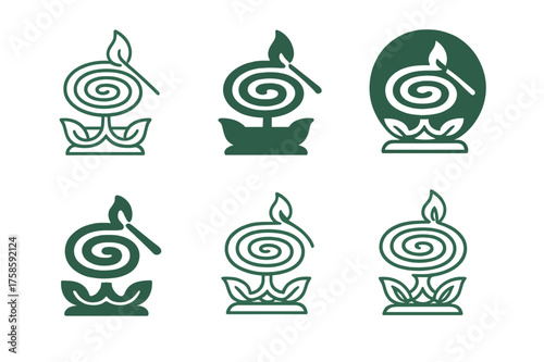 Citronella Spiral Logos. Lighting a bug-repellent spiral. Set Logo of Lighting a bug-repellent spiral: Citronella spiral on a decorative holder. harmonious