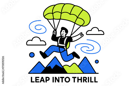 Skydiver Over Abstract Mountains. Adventure sports and activities. Character skydiving with glowing parachute