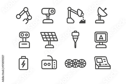Rover Instruments Icons. Rover instruments. Line icon set of Rover instruments: robotic arm, camera, soil sampler, antenna, sensor panel, solar panel, drill,