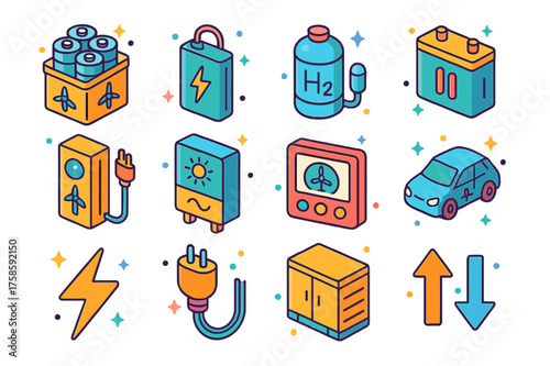 Wind Energy Storage Icons. Colorful isometric vector icons set of wind energy storage: battery pack, power bank, hydrogen tank, capacitor, charging station,
