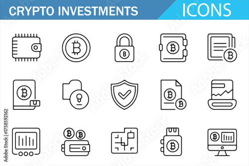 Crypto investment outline icon set for token and bitcoin technology