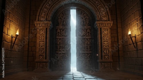 Ancient Temple Entrance with Divine Light Beam.