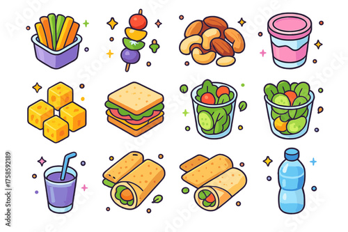 Colorful Healthy Snacks Icons. Healthy snacks. Colorful isometric vector icons set of healthy snacks: veggie sticks, fruit skewers, nuts, yogurt cups, cheese