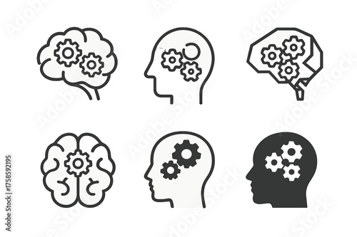Leadership Emblem Designs. Leadership training. Set Logo of Leadership training: Brain with interlocking gears. harmonious logo variations of the