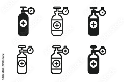 Oxygen Cylinder Logos. Breathing and oxygen. Set Logo of Breathing and oxygen: Medical oxygen cylinder with regulator. harmonious logo variations of the same