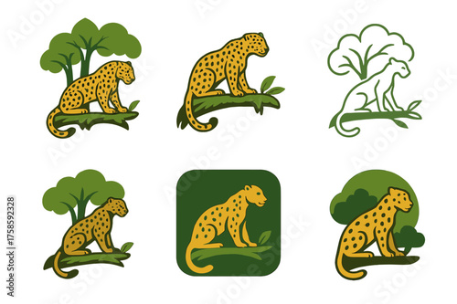 Wildlife Logo Variations. Wild animals in forests and jungles. Set Logo of Wild animals in forests and jungles: Jaguar perched on a mossy branch. harmonious