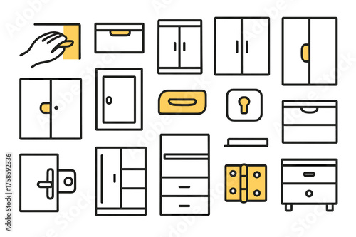 Hidden Grip Icons. Hidden Grips. Hand-drawn doodle illustration hidden grips recessed grip (accented), drawer, cupboard (accented), sliding door, wardrobe,