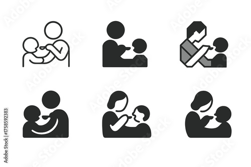 Family Feeding Emblems. Peaceful feeding moment. Set Logo of Family: parent feeding child icon. harmonious logo variations of the same emblematic concept, each