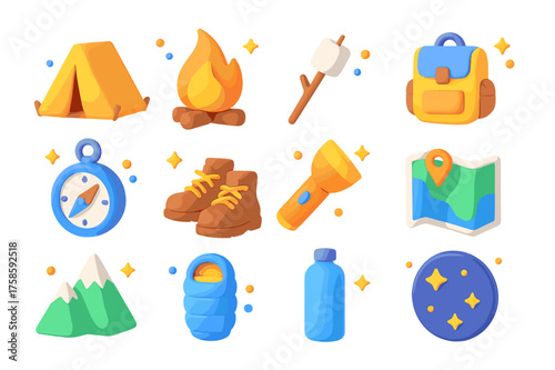 Camping Adventure Icons. Camping adventures. 3D icons set of camping adventures: tent, campfire, marshmallow stick, backpack, compass, hiking boots,
