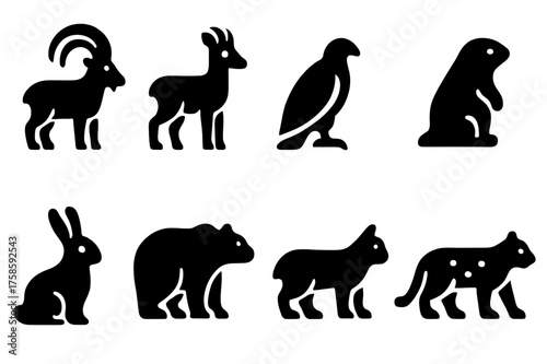 Alpine Animal Icons. Alpine Species. Filled icon set of Alpine Species: ibex, chamois, eagle, marmot, mountain