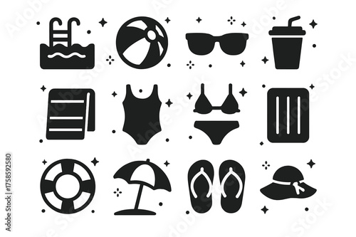 Summer Fun Icons. Summer Fun. Solid icons set of Summer Fun: Swimming Pool, Beach Ball, Sunglasses, Drink Cup, Towel, Swimsuit, Bikini, Inflatable Float,
