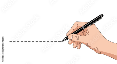 Hand Holding A Pen Drawing A Dashed Line On A White Background, Artistic Creation
