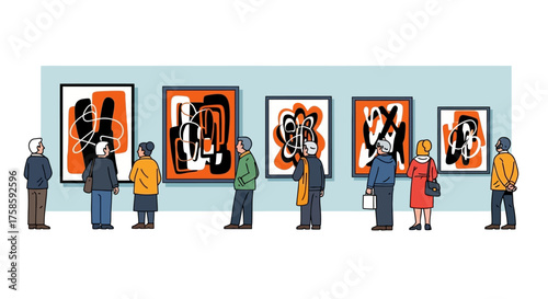 Diverse visitors observing captivating contemporary abstract paintings on display in a modern art gallery exhibition, appreciating culture and visual expression