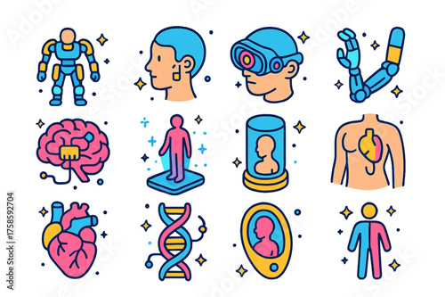 Transhuman Icons Collection. Colorful isometric vector icons set of transhumanism: robotic exoskeleton, neural implant, AI-enhanced vision goggles, robotic
