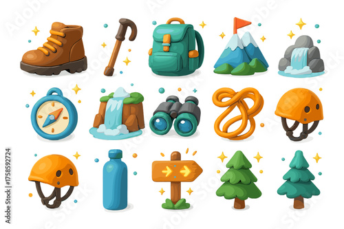 Vibrant Hiking Icons Set. Hiking and trekking. 3D icons set of hiking and trekking: hiking boots, walking stick, backpack, mountain peak, compass, waterfall,