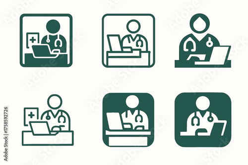 Doctors' Logo Variations. General practitioner in a clinic. Set Logo of General practitioner in a clinic: Doctor at consultation desk with laptop and