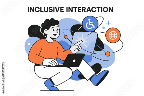 Inclusive Remote Work. Inclusive remote work opportunities. Character interacting with glowing virtual