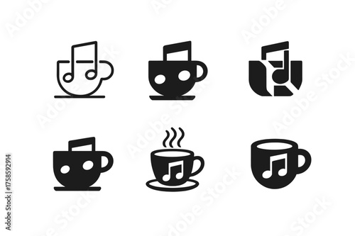 Diverse Coffee Logos. Coffee tasting notes sheet. Set Logo of Coffee: coffee cup with notes icon. harmonious logo variations of the same emblematic concept,