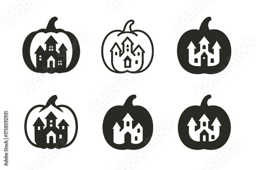 Pumpkin Carving Logos. Pumpkin Carving and Halloween Preparations. Set Logo of Pumpkin Carving and Halloween Preparations: haunted house. harmonious logo