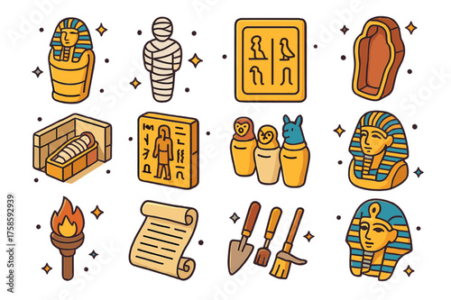 Sarcophagus Icon Set. Sarcophagus. Colorful isometric vector icons set of sarcophagus: ancient sarcophagus, mummy, hieroglyphs, coffin lid, tomb chamber, stone