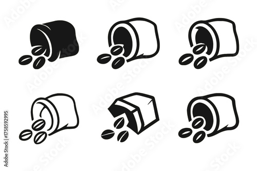 Coffee Logo Designs. Morning coffee ritual. Set Logo of Morning coffee ritual: Sack of coffee beans spilling. harmonious logo variations of the same emblematic