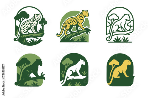 Wildlife Logo Variations. Wild animals in forests and jungles. Set Logo of Wild animals in forests and jungles: Jaguar perched on a mossy branch. harmonious