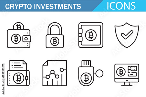 Minimal line art vector set of cryptocurrency investment icons showing bitcoin wallets, blockchain technology, digital finance, security shields, mining, and data analysis concepts in modern outline s