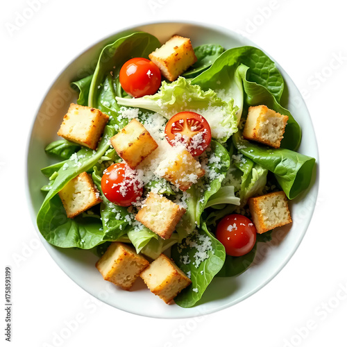 Fresh Caesar salad with romaine lettuce, golden croutons, Parmesan cheese on white bowl top view isolated on transparent background
