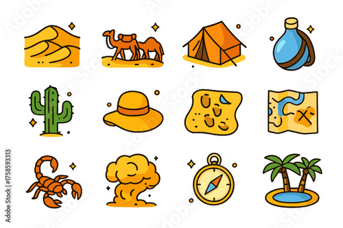 Desert Exploration Icons. Desert exploration. Colorful isometric vector icons set of desert exploration: sand dunes, camel caravan, desert tent, water flask,
