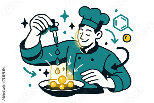 Glowing Culinary Artistry. Spherification technique. A glowing chef dropping liquid droplets into a dish