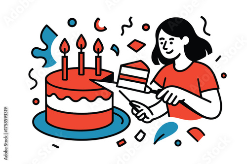 Cake Celebration Moment. Birthday sweetness. A cake slice being cut from a decorated cake with glowing candles. Floating confetti shapes surround the moment.