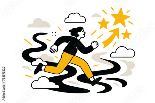 Dream Chasing Adventure. Chasing dreams. A person running toward glowing floating stars and abstract pathways, clouds and light beams guiding the way. Modern