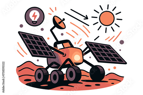 Mars Rover Power Unleashed. Solar panel deployment. Glowing rover extending solar panels, abstract floating icons of energy and sun beams emphasizing power