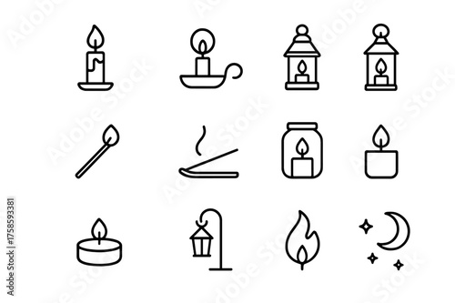 Candle Light Icon Set. Candlelit Night. Line icon set of Candlelit Night: candle, candle holder, flame, lantern, matchstick, incense stick, glowing jar, votive