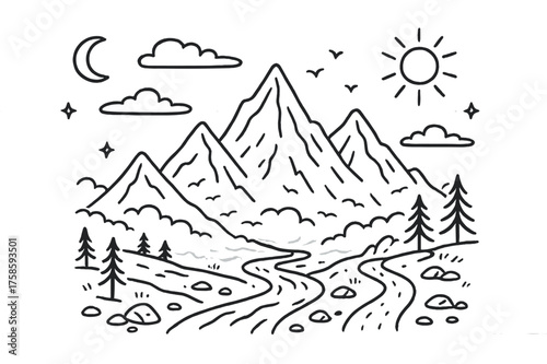 Doodled Mountain Landscape. Distant Mountains. Hand-drawn doodle illustration distant mountains peaks, mountain range, clouds, sun, moon, pine trees, river,