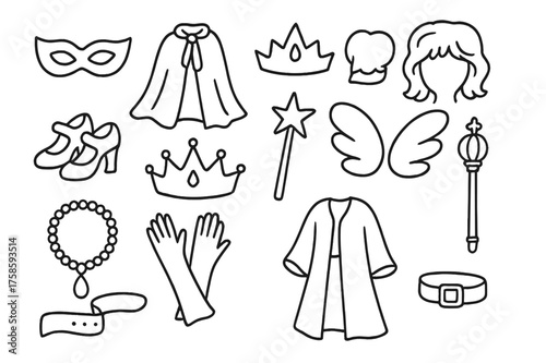 Theatrical Costume Sketch. Costume. Hand-drawn doodle illustration costume mask, cape, tiara, wig, stage shoes, crown, wand, wings, jewelry, gloves, robe,