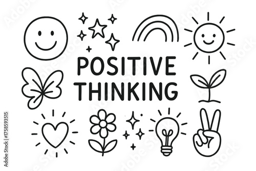 Positive Symbols Doodle. Positive thinking. Hand-drawn doodle illustration positive thinking smiling face, star cluster, rainbow doodle, happy sun, plant