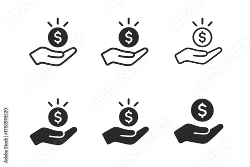 Corporate Finance Logos. Corporate finance. Set Logo of Corporate finance: Dividend payout hand holding coin. harmonious logo variations of the same emblematic