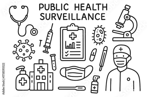 Public Health Symbols. Public Health Surveillance. Hand-drawn doodle illustration public health surveillance stethoscope, microscope, syringe, test tube, virus