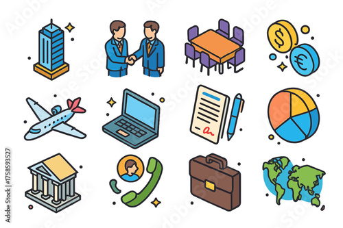 Isometric Business Icons. International business. Colorful isometric vector icons set of international business: skyscraper, businesspeople
