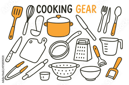 Doodle Cooking Utensils. Cooking Gear. Hand-drawn doodle illustration cooking gear spatula (accented), whisk, ladle, spoon, fork (accented), knife, cutting