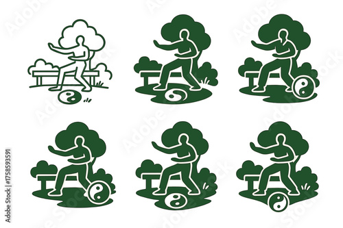 Tai Chi Serenity. A person practicing tai chi in a serene park, surrounded by greenery. Set Logo of A person practicing tai chi in a serene park, surrounded by