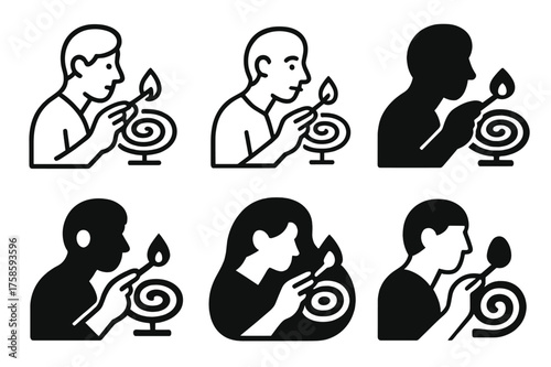 Bug-Repellent Spiral Logos. Lighting a bug-repellent spiral. Set Logo of Lighting a bug-repellent spiral: Person lighting a spiral with a wooden match.