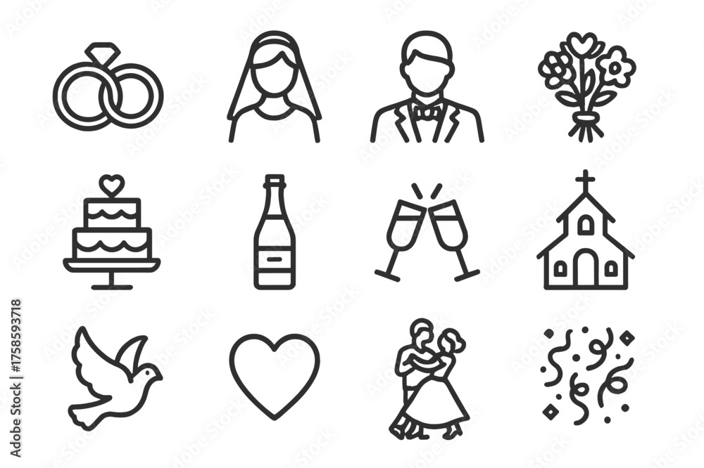 Naklejka premium Wedding Icons Grid. Wedding celebration. Line icon set of wedding celebration: wedding rings, bride, groom, bouquet, wedding cake, champagne bottle, clinking