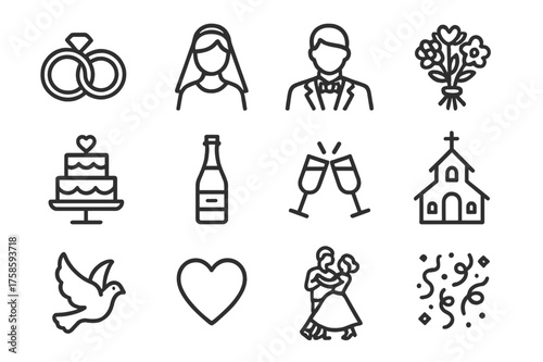 Wedding Icons Grid. Wedding celebration. Line icon set of wedding celebration: wedding rings, bride, groom, bouquet, wedding cake, champagne bottle, clinking