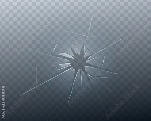 Realistic cracked glass texture with broken mirror and bullet hole effect. Transparent 3D shattered screen background with debris and sharp edges. Perfect for crash, repair, or vandalism design.