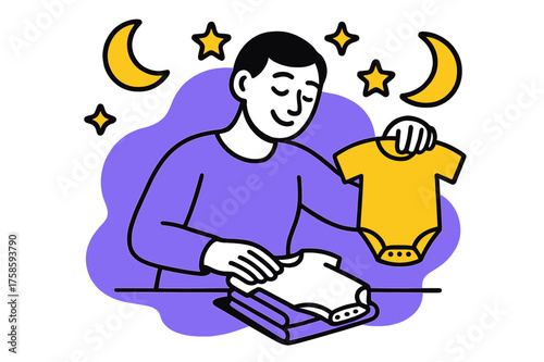 Dreamy Parenting Bliss. Peaceful routine. A smiling parent folding baby onesies while abstract shapes of moons and stars float in the air, showing calmness and