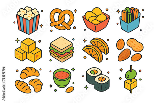 Colorful Snack Icons. Casual snacks. Colorful isometric vector icons set of casual snacks: popcorn, pretzels, chips, veggie sticks, cheese cubes,
