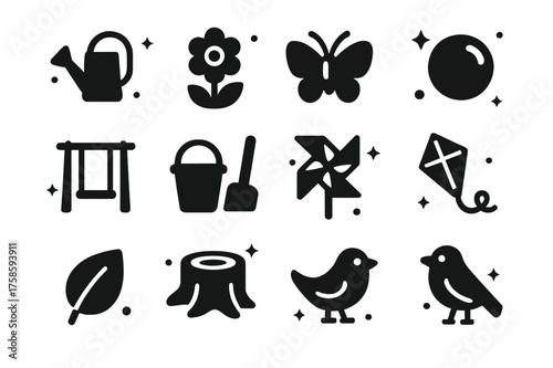 Garden Play Icons. Garden Play. Solid icons set of Garden Play: watering can, flower, butterfly, ball, swing, sandbox bucket, toy shovel, pinwheel, kite, leaf,