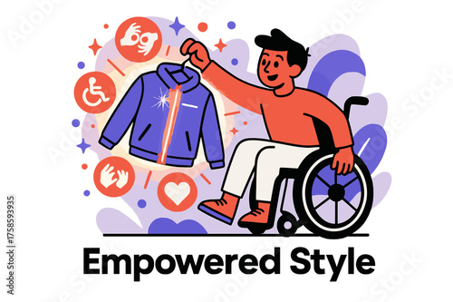 Empowered Adaptive Fashion. Inclusive fashion for people with disabilities. Character holding glowing adaptive